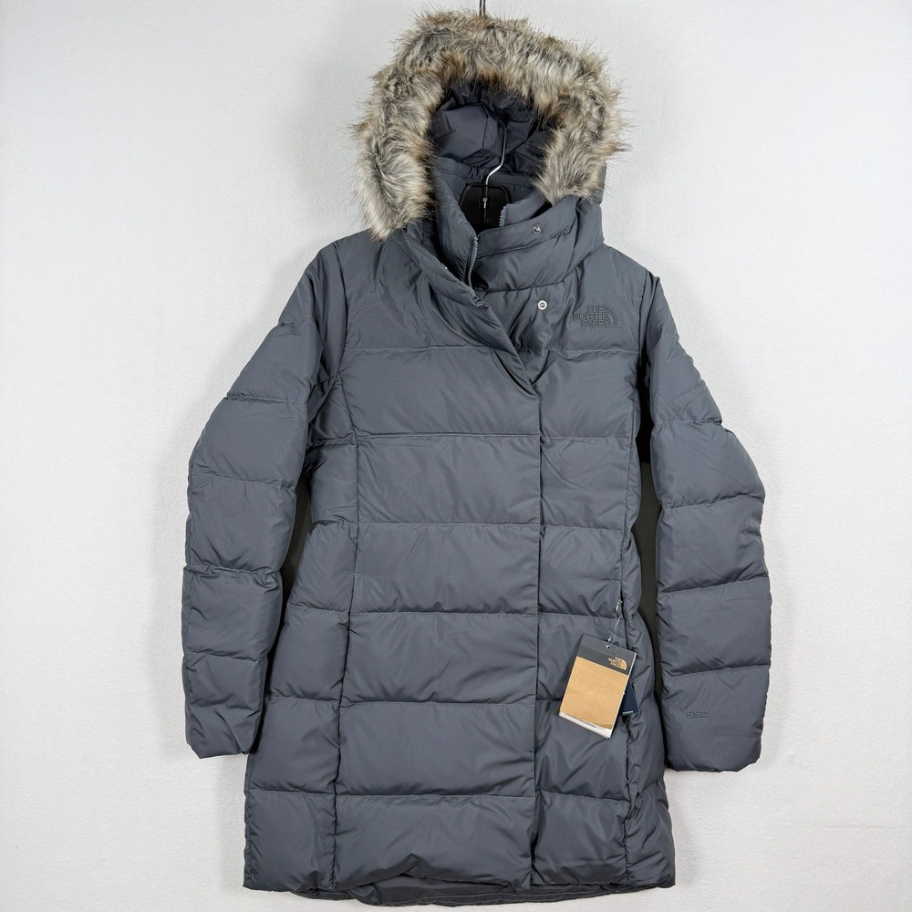 The North Face New Dealio Down Parka Size S Womens Vandis Gray Faux Fur Hood NWT